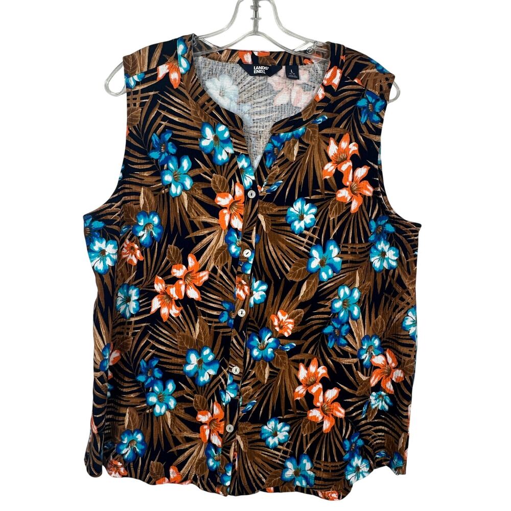Lands End Floral Sleeveless Button Front Top Large Tropical Cotton Stretch